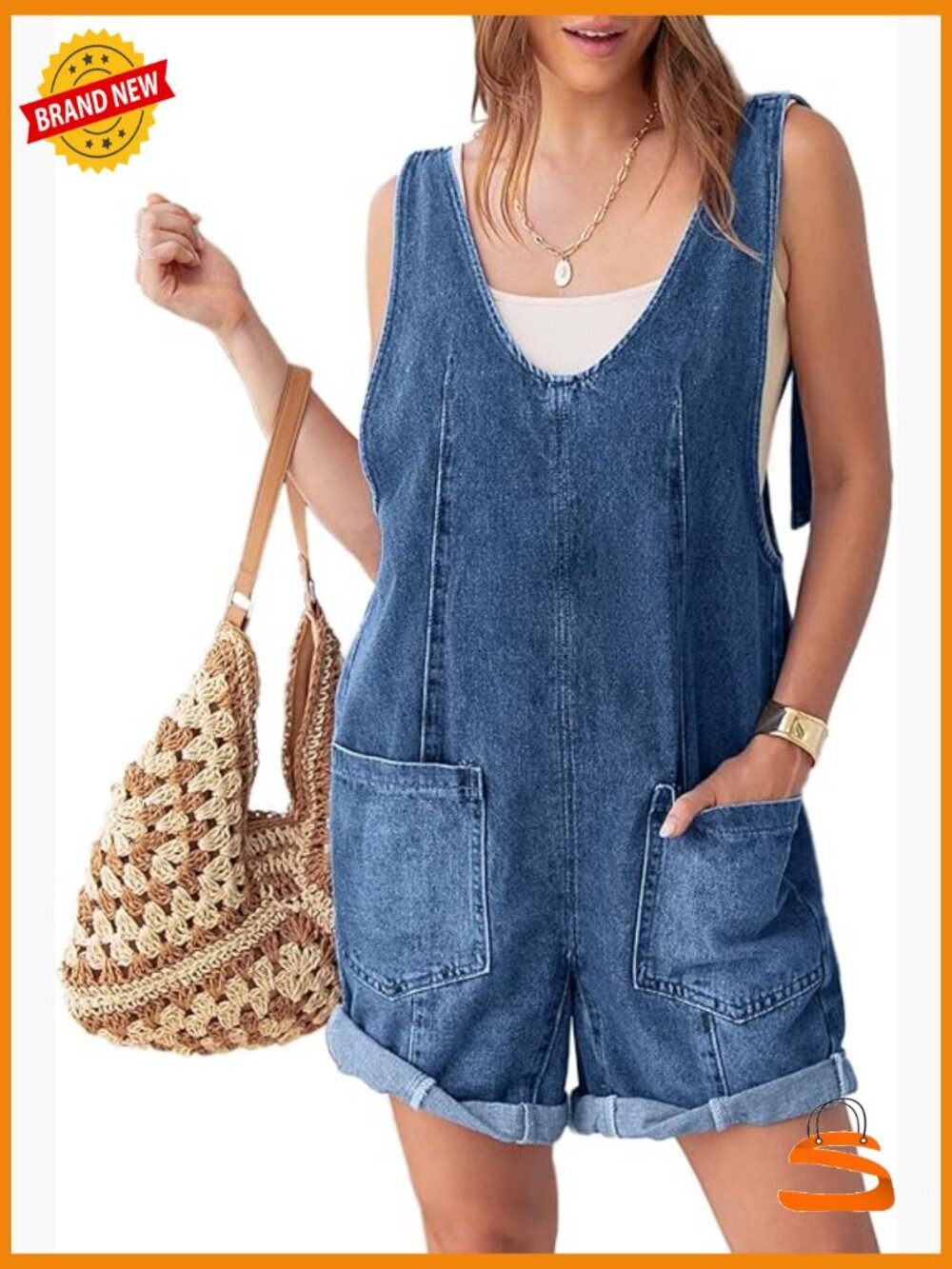 Womens Denim Romper Overalls Casual Sleeveless V Neck Jean Shorts Jumpsuit